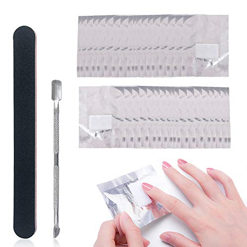 krofaue Gel Nail Polish Remover Tool Set - 100pcs Nail Polish Remover Foils wraps 1pcs nail file 1 pc triangle cuticle peeler scraper Tool Kit