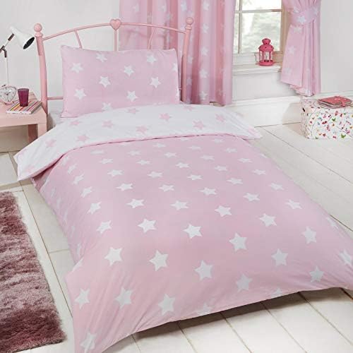 Price Right Home Pink and White Stars Kids Bedroom Range - Duvet Cover Set, Fitted Sheet Set & Curtains Available (Junior Duvet Cover Set)