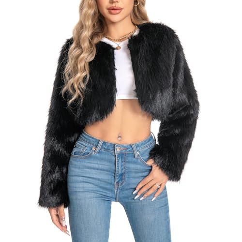 WELLATENT Fur Coats For Women,Plus Size Cropped Faux Fuzzy Jacket