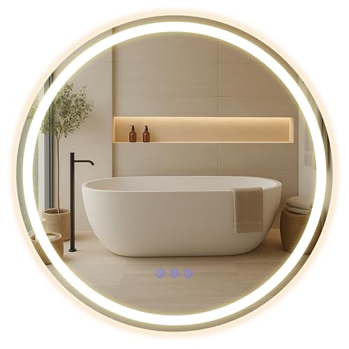 SONGMICS Espejo de Baño con Luz, Espejo de Pared Redondo, Función Antivaho, Tono y Brillo Ajustables, Maquillaje, Dormitorio, Baño, 61 cm, Blanco Nube LWM211WC02