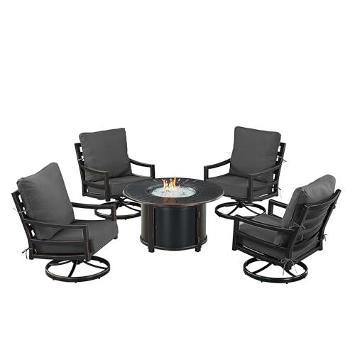Oakland Living Black Aluminum Patio Fire Table Set with Four Club Chairs with Black Cushions