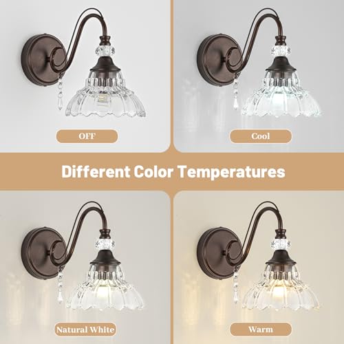 Image of 1 Piece Oil Rubbed Bronze Finish Wall Sconce, 1-Light Modern Wall Sconce with Hanging Crystal Accents and Flower-Shaped Clear Shades for Bathroom Bedroom Living Room,Modern Vanity Light