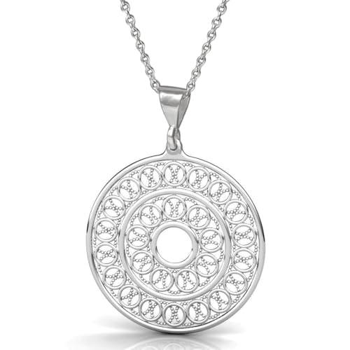 925 Sterling Silver Mandala Chakra Necklace - Filigree Boho Pendant with Chain 20"- Sacred Geometry Esoteric Amulet - Hippie Namaste Yoga Jewelry for Women - Handmade