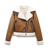 OWEIEYEU Women'S Warm Leather Jacket Solid Color Lapel Long Sleeve Diagonal Zipper Pocket Thickened Short Jacket Brown Coat L