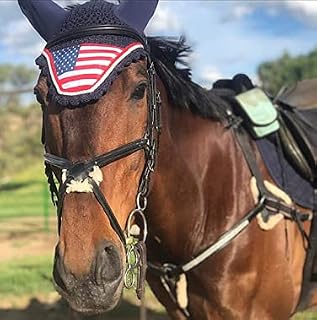 LIFT SPORTS American USA Flag Horse Bonnet with Ears NET Fly Veil MASK Hood Crochet Cotton Hand Made Breathable Full Size Stretchable Ears Equestrians TACK Shows (Cob)