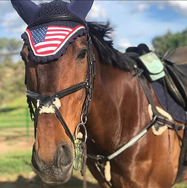 LIFT SPORTS American USA Flag Horse Bonnet with Ears NET Fly Veil MASK Hood Crochet Cotton Hand Made Breathable Full Size Stretchable Ears Equestrians TACK Shows (Cob)