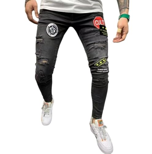 Jeans Pants Trouser Denim Street Trendy Badge Embroidered Water Washed Blue Elastic Slimming Small Leg for Men