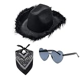 3 unids/set de plumas de imitación borde de ala ancha color sólido sombrero pañuelo gafas conjunto estilo occidental sombrero vaquera anacardo impresión