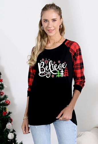Believe Christmas T-Shirt Women Believe in The Magic of Christmas Plaid Shirt Baseball Raglan Splicing Tee Tops — view 2