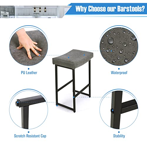 Alpha Home Bar Stools Backless Saddle Seat Barstools Modern Pu Leather Cushion Counter Height Chairs Set Of 2 For Kitchen Island, Dining Pub And Bistro, 24 Inches, Grey, 2Pcs #TOP4