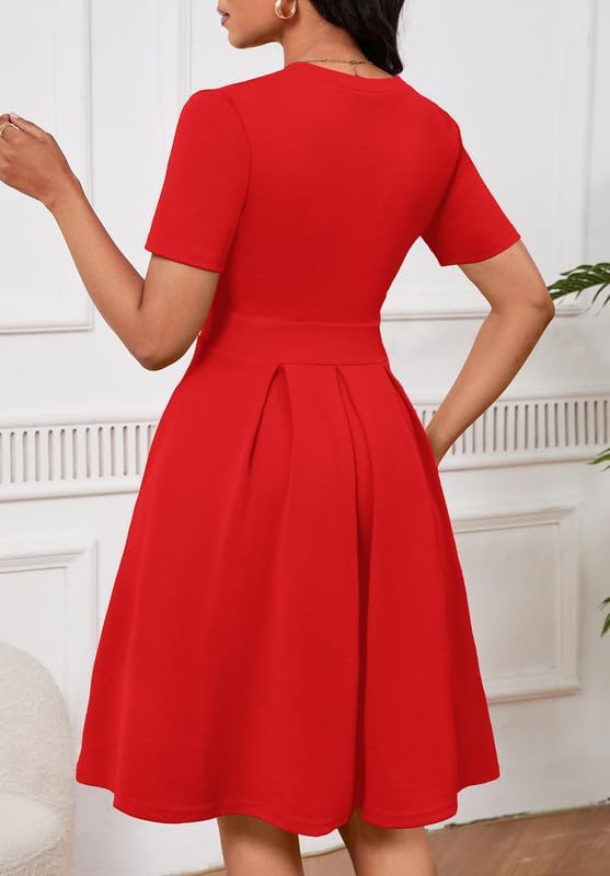 Women Summer Short Sleeve Dress V Neck Semi Casual Fit and Flare Church Wedding Guest Work Dresses with Pockets - Image 6