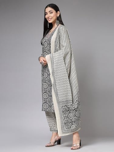 Pinkmint Kalamkari Printed Straight Kurta With Side Pocket Kurta Set Black