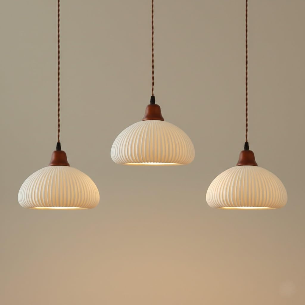 Luminaire suspendu cuisine îlot central, suspension vintage céramique blanche plissée lot de 3