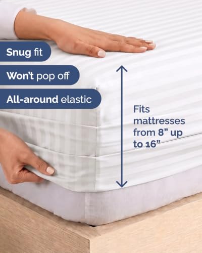Image of Split King 7 Piece Bed Sheet Set - Breathable & Cooling - Striped White