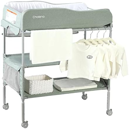 Baby Changing Table Portable Adjustable Changing Station for Tall, Foldable Diaper Changing Tables, Easy Clean Changing Table Topper, Large Storage Cholena Changing Station for Nursery, Green