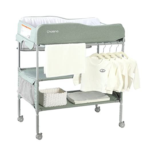 Image of Portable Baby Changing Table,Foldable Diaper Changing Station Baby Changing Tables,Waterproof Diaper Changing Table with Drawers Adjustable Height Changing Station for Infant with Large Storage,Green