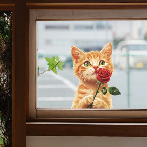 Vinilo decorativo naranja con gatito y rosa roja miniatura 4