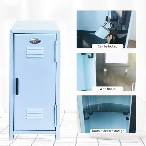 Image of Mini Locker with Lock Key Stickers Box Metal Small Locker Mini Locker Miniature Storage Girls Lockbox Desktop Storage Organizer for Cash Money Jewelry Safe Dollhouse Furniture Accessories (Blue)
