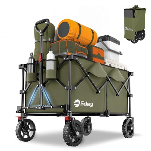 Sekey XXL Plus Carrello Pieghevole con Freni 200L 150KG, Carrello da Giardino con Ruote ai Terreni Accidentati, Design Brevettato Pieghevole da QUATTRO Direzioni SE4010, Verde Oliva
