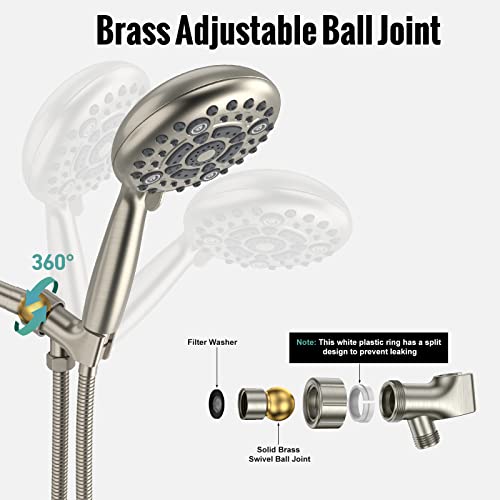 Sr Sun Rise Shower Head 6-Settings 4.8 Inches High Pressure Shower Head With 1.8 Meter/71 Inch Long 304 Stainless Steel Shower Hose And Shower Arm Mount With Brass Ball Joint, Brushed Nickel #TOP4