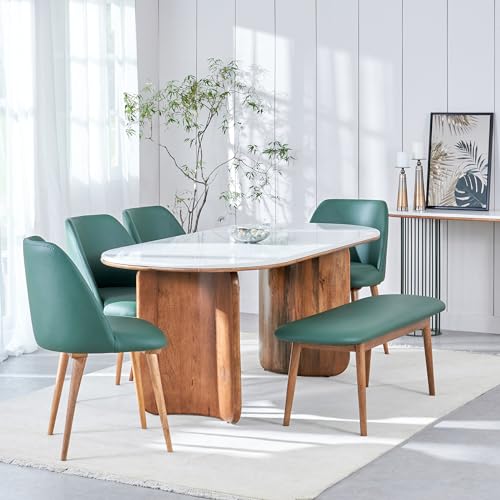 Image of Home Centre Fern Living Quartz Top 6-Seater Dining Set with Chairs and Bench - Green