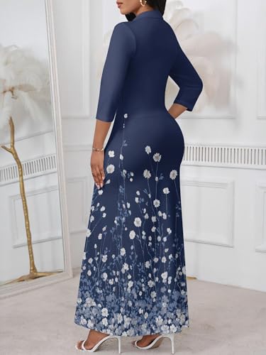 Image of PinkPatty Women's Casual 3 /4 Sleeve Polo V Neck Bodycon Maxi Dress | Semi formal, modest style, long fitted, versatile for church, work, business, office and daily wear