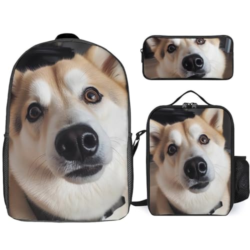 3 Piece Backpack for Women Men Lightweight Causal Daypack Shoulder Bag Set with Insulated Lunch Bag And Pencil Case Organizers Animal Dog Photo