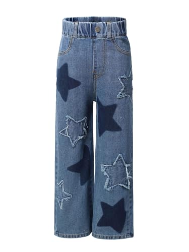 Hularka Kids Girls Frayed Star Distressed Straight Wide Leg Jeans Washed Denim Pants Casual Denim Trousers Bottoms