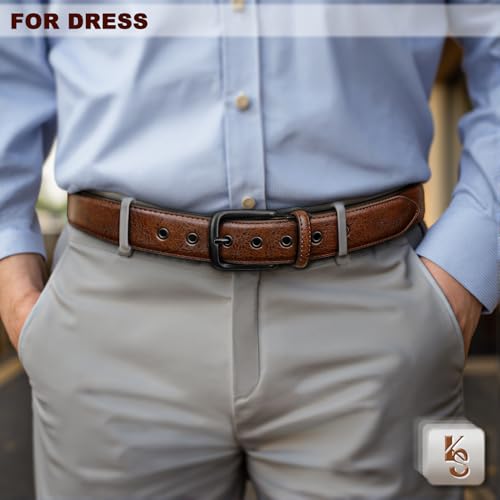 KEMISANT Men Belt 2Pack-7Holes Adjustable Leather Belt For Gift Men 1 1/2"-Metal Hole Design-Cut For Fit4