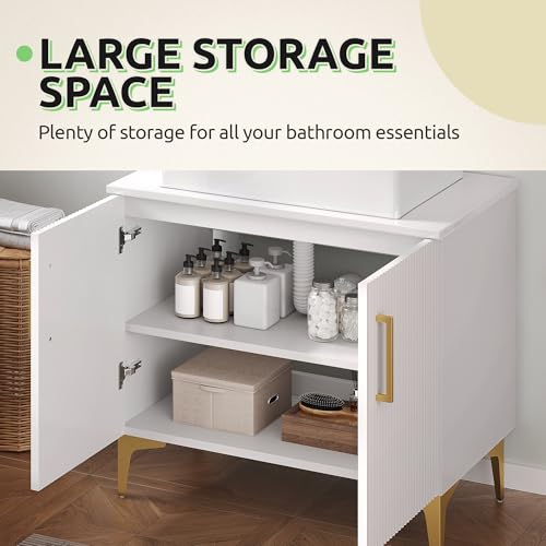 YITAHOME 30 Inch Bathroom Vanity with Vacuum Forming, Freestanding Storage Cabinet Vanity with Counter Top Sink Combo, 2 Large Soft Closing Doors with Shelf, Gold Handles & Legs, White