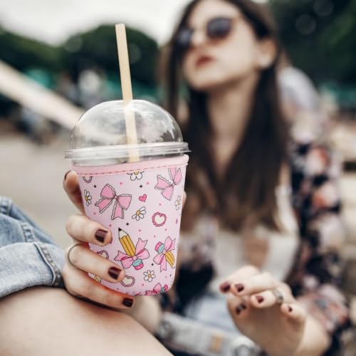 Image of Reusable Insulated Sleeve for Iced Coffee Cup, Coffee Neoprene Sleeve for Cold & Hot Drinks, Beverage Holder for Iced Coffee (Pencil Bows, Large: 32oz)