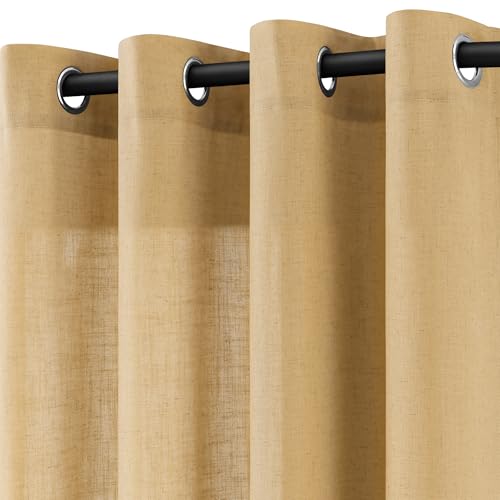 Jowels Gold Yellow Linen Curtains 84 Inch Length 2 Panels for Living Room Bedroom, Light Filtering Sheer Curtains 84 Inches, Modern Farmhouse Grommet Semi Sheer Soft Privacy Drapes