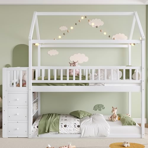 Image of Bellemave Bunk beds Twin Over Twin Size with Drawers and Shelves Storage, Floor bunk Bed,White