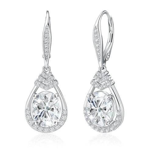 18K White Gold Plated Teardrop Leverback Earrings S925 Sterling Silver Birthstone Dangle Earring for Women Hypoallergenic Oval Cut CZ Earrings Timeless Jewelry Gifts