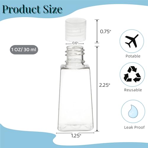 100 Pack 1 OZ Travel Plastic Bottles, Flip Cap Empty Refillable Toiletry Bottle, Mini Clear Hand Sanitizer Bottle, Small Squeeze Sample Container for Shampoo Lotions Liquid Body Soap Cream2