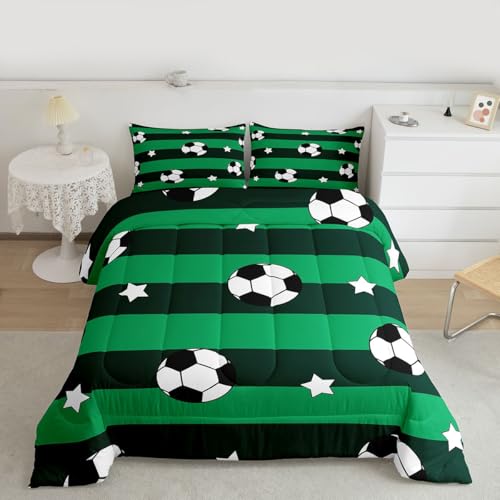 Image of Feelyou Soccer Comforter Set Twin Size Kids Football Pattern Games Bedding Set for Boys Girls Teens Sports Theme Green Geometric Stripes Duvet Quilt Room Decor