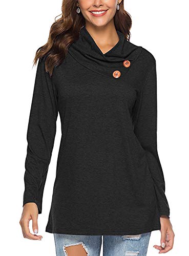 LURANEE Cowl Neck Tunic Tops for Women, Cute Fall Sweatshirts Long Sleeve Casual Tops with Buttons Embelished Stunning Flowing Raglan Clothes Juniors A-line Blouses Fashion 2018 Black Medium