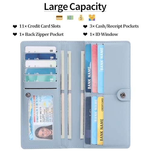 Ultra Slim Genuine Leather Wallet for Women RFID Blocking Bifold Credit Card Holder Long Clutch (Blue)2