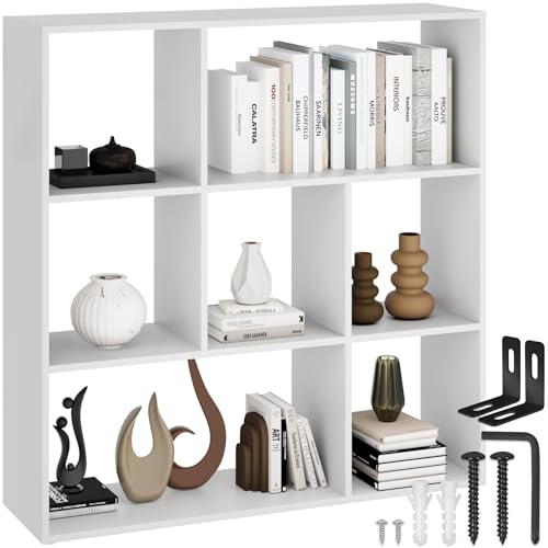TecTake® Libreria da Parete con 7 Scomparti Aperti, Scaffale da Parete, Divisorio per Ambienti con Protezione Antiribaltamento, Libreria Separatore Versatile, 104x29x107 cm - Bianco