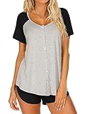 damen shirt nähen 【Knopfdesign】：Zweiteilige Pyjama-Set besteht aus einem Button-Down-Oberteil und einer süßen Boxershorts mit dieser weichen Nachtwäsche können Sie sich wohlfühlen.