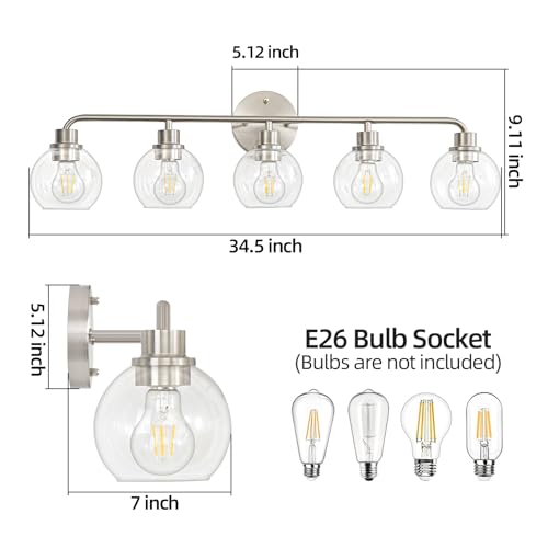Image of Bathroom Light Fixtures 5 Light Brushed Nickel Vanity Light Silver | Modern Wall Sconces Lighting Bathroom Lights with Glass Shade Bath Wall Lights for Mirror Kitchen Living Room Hallway 34.5 inch