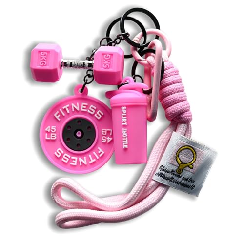 Colorful Fitness Keychain Set - Silicone Dumbbell/Sport Bottle Charm, Metal Clasp, Nylon Lanyard, Gym Bag Accessory, Workout Gift (Pink) - image 1