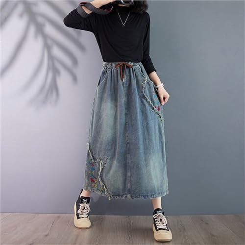 Women's Ethnic Style Floral Embroidered Denim Skirt Fashion Raw Edge A-line Midi Skirt High Waist Casual Loose Skirts4