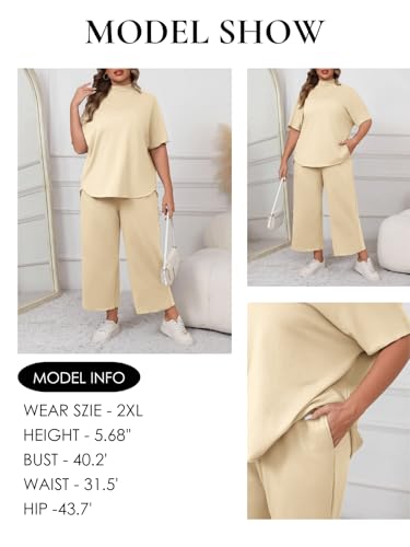 Image of Beautife Women's Plus Size 2 Piece Outfits 3 /4 Batwing Sleeve Capelet Crew Neck Pullover Top Wide Leg Pants Lounge Set