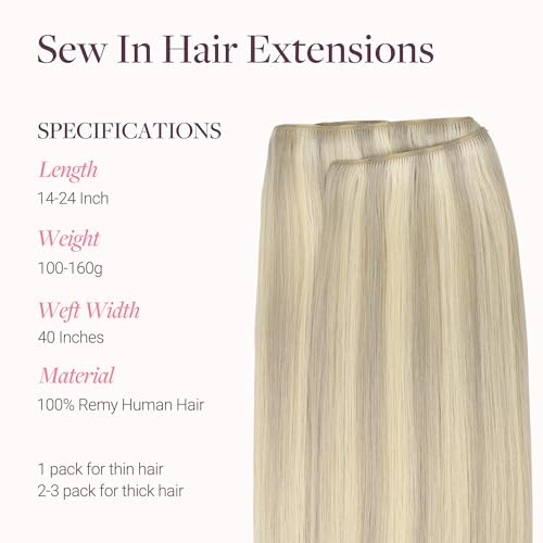 Image of GOO GOO Sew in Hair Extensions Real Human Hair, Weft Hair Extensions Human Hair, 17A /60A Ash Blonde Highlighted Platinum Blonde 20inch 130g, Weft Bundles Straight Silky Remy Hair