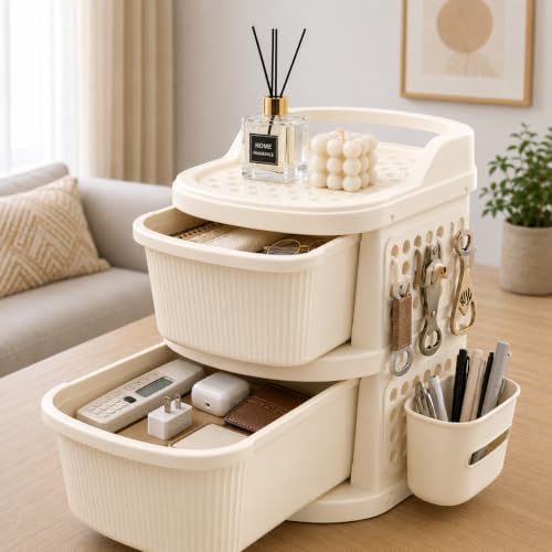 Image of KITCHIVO 2 Layer Multipurpose Plastic Storage Drawer Organizer with Top Tray & Side Hanging Basket for Kitchen, Bathroom, Bedroom, Office, Makeup, Cutlery & Home Organization