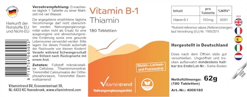 Vitamintrend Vitamin B1 hochdosiert 100mg, 180 Tabletten, Thiamin, veganes Nahrungsergänzungsmittel ohne Zusätze, in Deutschland hergestellt