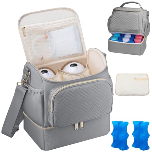 Image of Wearable Breast Pump Bag with Cooler Compartment Compatible with Willow/Elvie/Medela/Momcozy M5/S12 Pro, Breast Milk Cooler Travel Bag with Ice Pack & Mat, Pumping Bags for Work, Grey