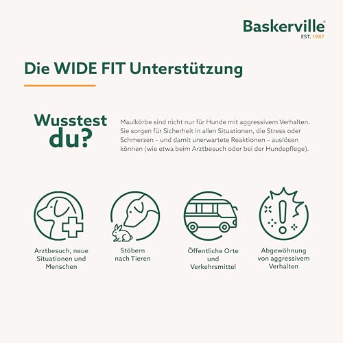 Baskerville Wide Fit Maulkorb für große Hunde mit breiter Schnauze, Boxer, Rottweiler, er können atmen, hecheln und trinken, verhindert Beißen, Trainingsmaulkorb für mittlere & große Hunde(Größe 2)