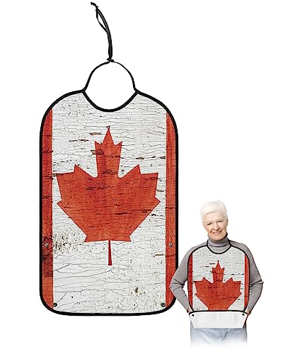 Red Maple Leaf Adult Bibs for Eating, Waterproof Bibs with Food Catcher & Adjustable Snap Closure, Red White Stripes Farmhouse Vintage Wooden Clothing Protectors Adult Bibs for Elderly Women/Men